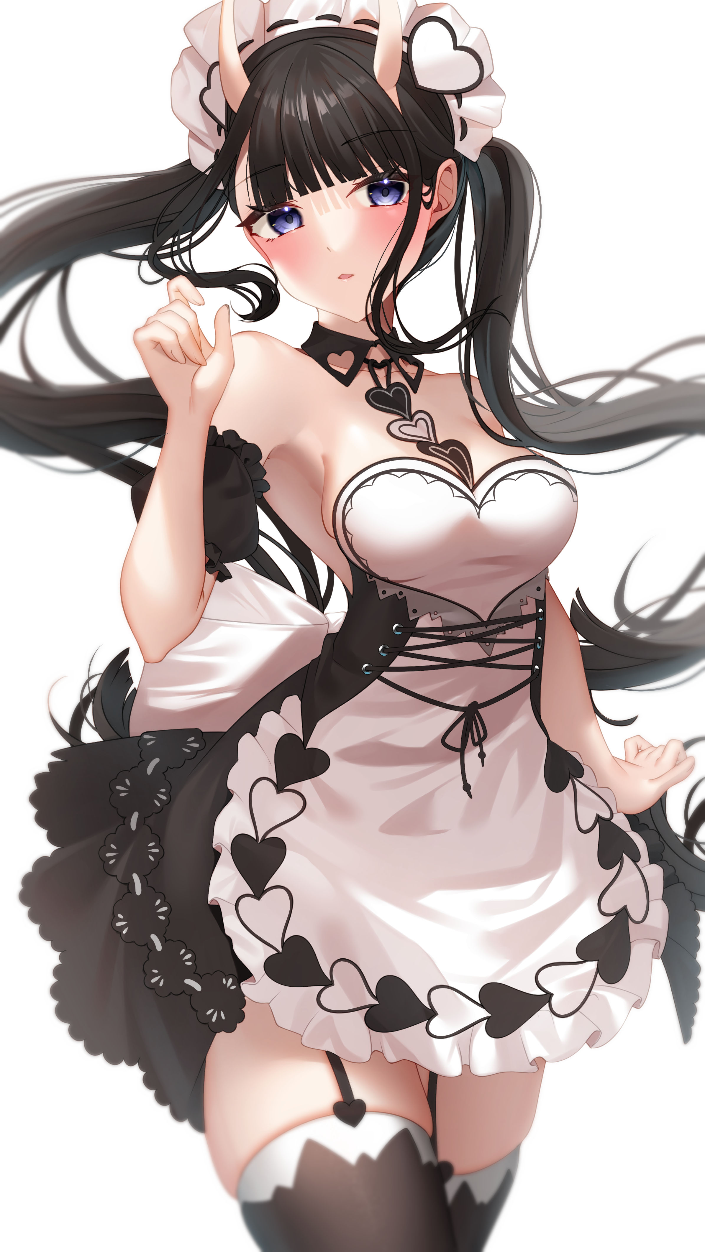 seele0907, noshiro (azur lane), noshiro (hold the ice) (azur lane), azur lane, absurdres, commentary request, highres, 1girl, apron, bare shoulders, black dress, black garter straps, black hair, black thighhighs, breasts, cowboy shot, detached collar, dress, garter straps, heart, long hair, maid, maid headdress, medium breasts, official alternate costume, puffy short sleeves, puffy sleeves, purple eyes, short sleeves, simple background, solo, strapless, strapless dress, thighhighs, twintails, very long hair, white apron, white background, zettai ryouiki