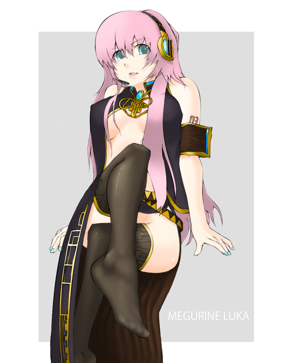 megurine luka, vocaloid, highres, 1girl, black thighhighs, feet, female focus, headphones, no panties, open clothes, open shirt, pink hair, shirt, solo, thighhighs