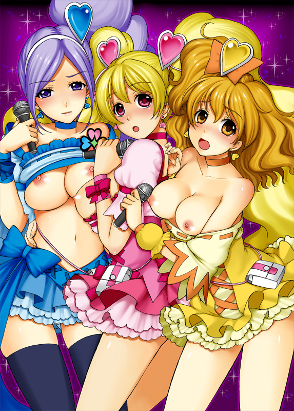 yamada ichizoku, aono miki, cure berry, cure peach, cure pine, momozono love, yamabuki inori, fresh precure!, precure, 00s, 3girls, black thighhighs, blonde hair, blue eyes, blue hair, blue skirt, breasts, choker, clothes lift, earrings, frills, hair ornament, heart, heart hair ornament, jewelry, large breasts, long hair, magical girl, medium breasts, microphone, multiple girls, nipples, pink eyes, shirt lift, skirt, thighhighs, twintails, yellow eyes