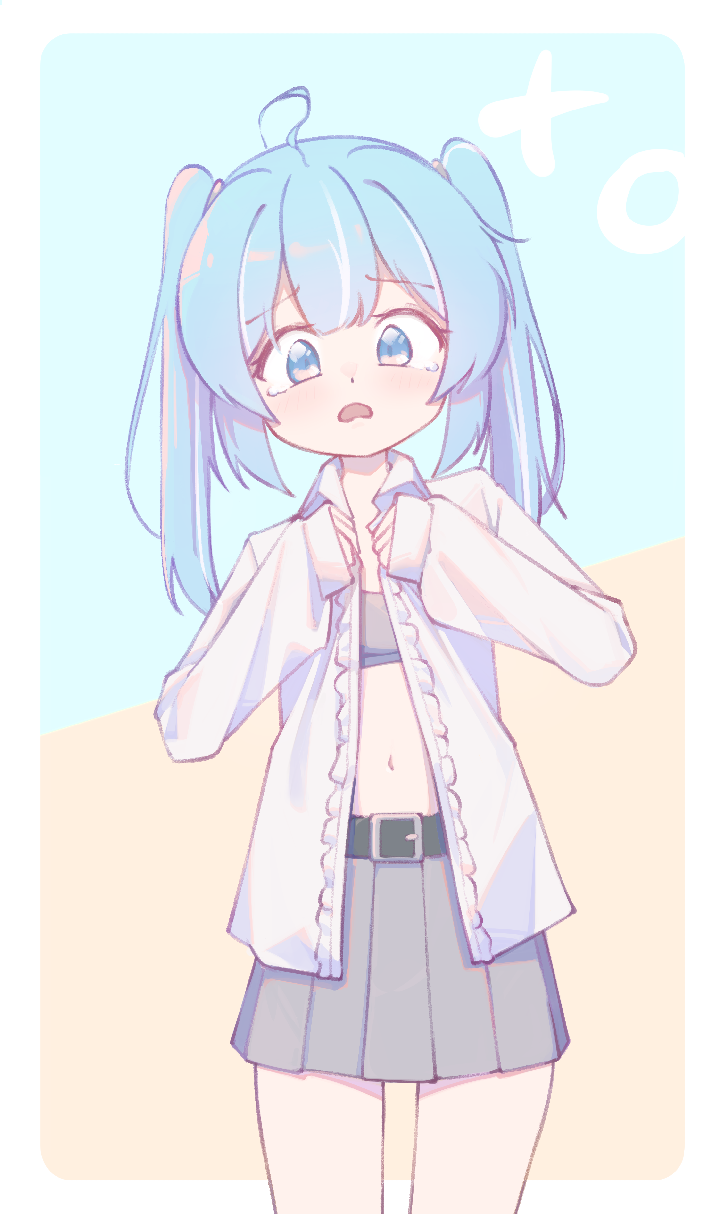electromocha, arahashi tabi, stellive, absurdres, commentary request, highres, korean commentary, 1girl, ahoge, belt, belt buckle, black belt, blue eyes, blue hair, border, bra, buckle, center-flap bangs, collared shirt, cowboy shot, dot nose, double-parted bangs, grey bra, grey skirt, long hair, long sleeves, looking at viewer, miniskirt, multicolored hair, open clothes, open mouth, open shirt, outside border, pale color, pleated skirt, raised inner eyebrows, shirt, skirt, sleeves past wrists, solo, standing, streaked hair, twintails, two-tone background, underwear, virtual youtuber, white border, white shirt, wing collar