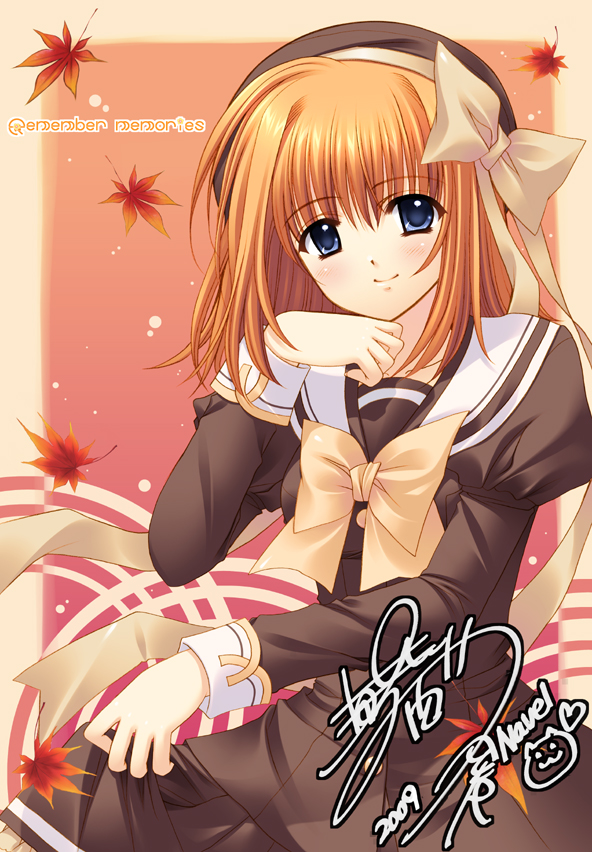 nishimata aoi, fuyou kaede, shuffle!, official art, 00s, autumn, blue eyes, blush, bow, fall, leaf, orange hair, ribbon, school uniform, short hair, smile, solo