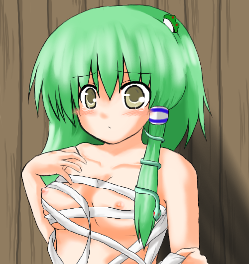 kochiya sanae, touhou, non-web source, 1girl, blush, breasts, female focus, green hair, nipples, sarashi, solo