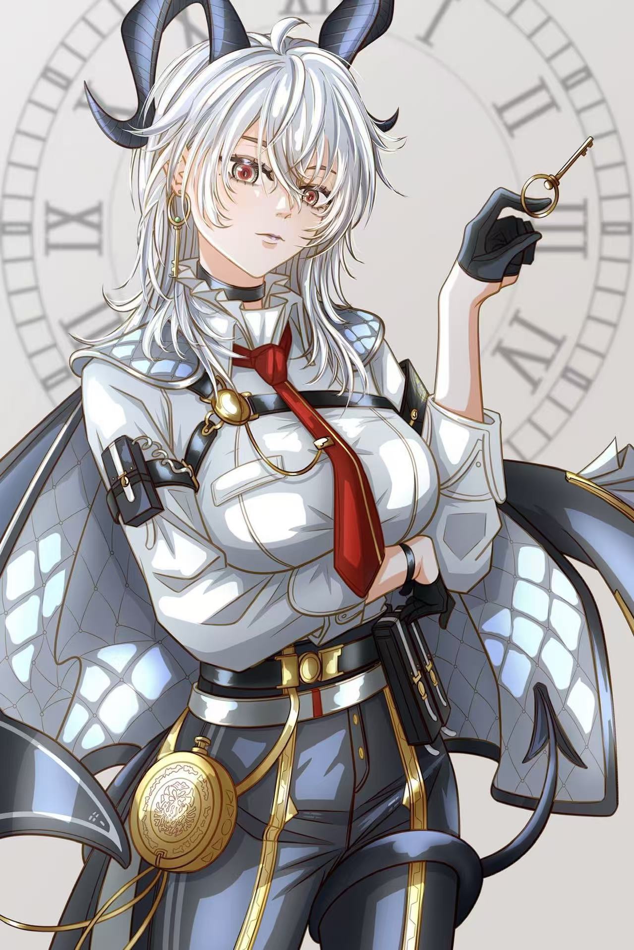 zani (wuthering waves), wuthering waves, chinese commentary, commentary, highres, 1girl, ahoge, arm under breasts, arm up, belt, belt pouch, black choker, black gloves, black pants, cape, chest harness, choker, clock, collar, cowboy shot, earrings, frilled collar, frills, gloves, gold trim, grey background, grey cape, hair between eyes, half gloves, harness, heidianzashipu, hip flask, holding, holding earrings, holding key, horns, jewelry, key, key earrings, long hair, looking at viewer, necktie, pants, pouch, red eyes, red necktie, roman numeral, shirt, single earring, solo, tail around own leg, three-quarter sleeves, tie clip, white hair, white shirt