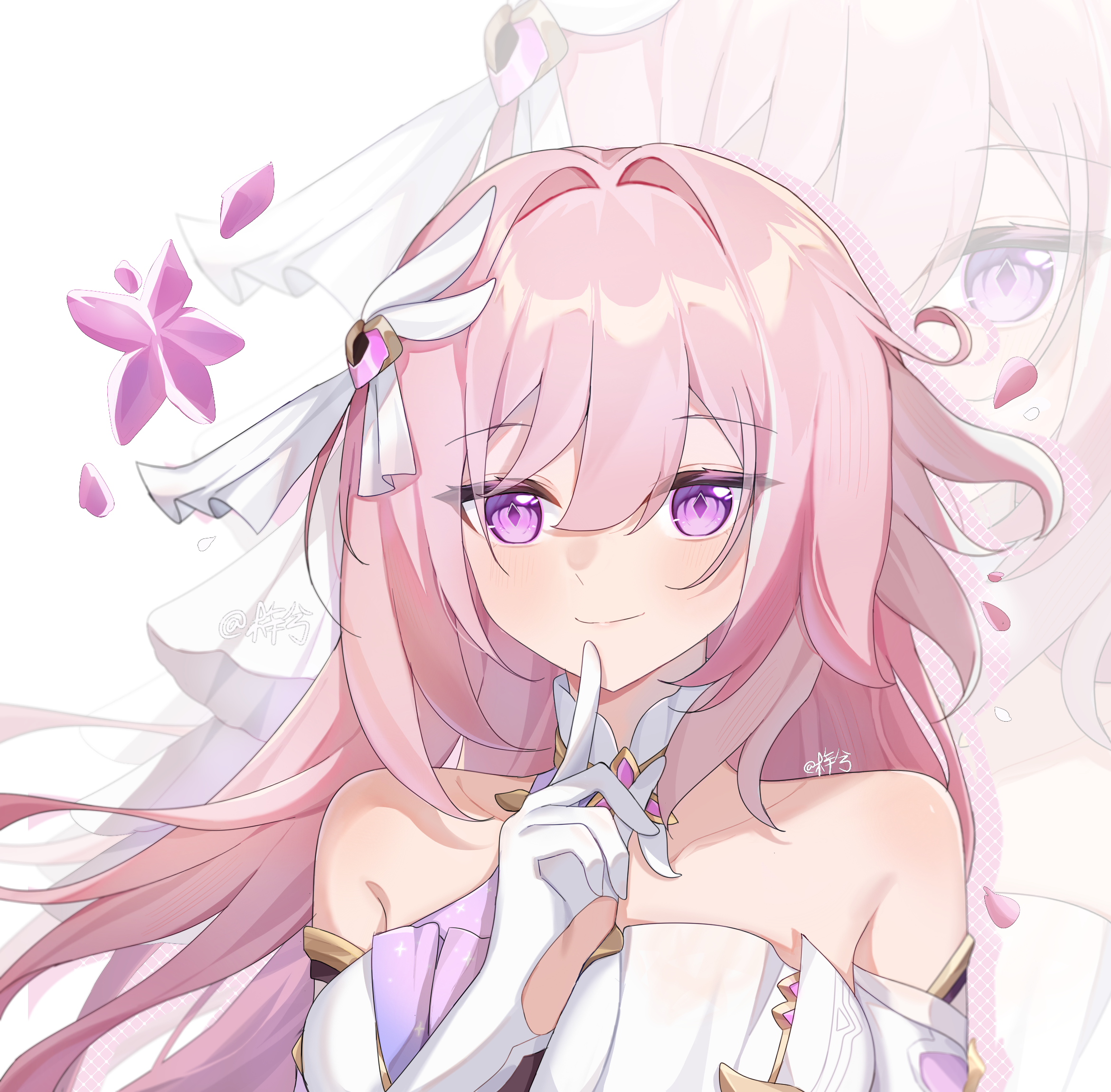 zixi, elysia (herrscher of human: ego) (honkai impact), elysia (honkai impact), honkai (series), honkai impact 3rd, chinese commentary, commentary request, highres, partial commentary, 1girl, bare shoulders, breasts, brooch, corset, crystal flower, diamond-shaped pupils, diamond (shape), falling petals, finger to mouth, gloves, hair between eyes, heart, heart brooch, jewelry, long hair, looking at viewer, petals, pink hair, purple eyes, solo, symbol-shaped pupils, upper body, veil, very long hair, white background, white corset, white gloves, white veil, zoom layer