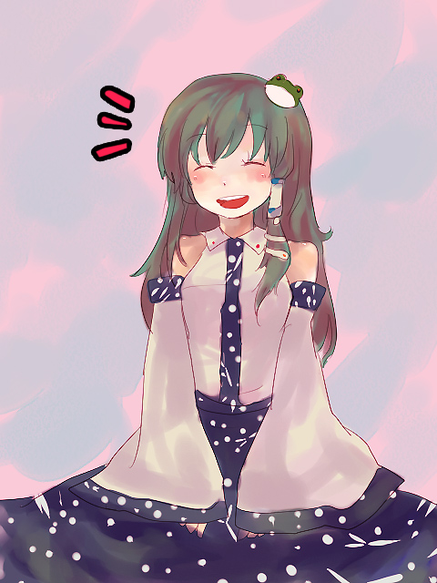 kochiya sanae, touhou, 1girl, detached sleeves, female focus, frog, green hair, hair ornament, hairclip, japanese clothes, long hair, miko, sitting, smile, snake, solo