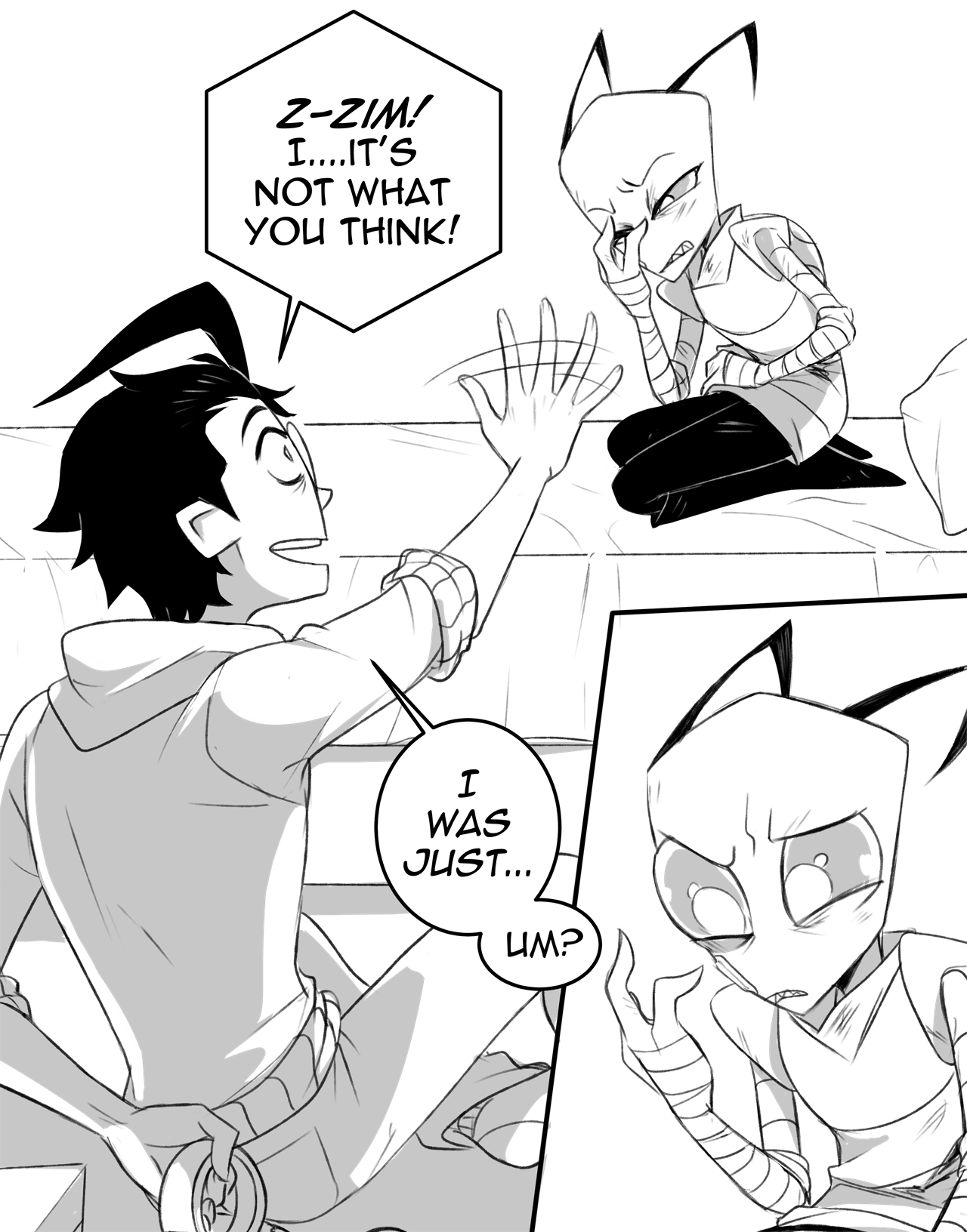 inimoose, dib (invader zim), zim (invader zim), invader zim, commentary, english commentary, highres, 2boys, aged up, ahoge, alien, bald, bandaged arm, bandages, bed, english text, glasses, greyscale, holding, hood, hoodie, irken, monochrome, multiple boys, open mouth, pillow, short hair, sitting