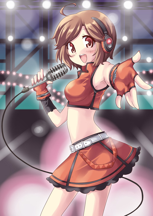 dekosuke, meiko (vocaloid), sakine meiko, vocaloid, 1girl, breasts, female focus, headphones, microphone, solo, vintage microphone
