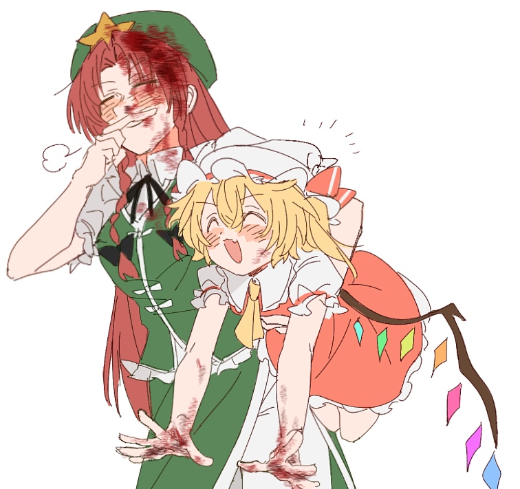 flandre scarlet, hong meiling, touhou, commentary, 2girls, = =, ^ ^, an9 (jwns5327), ascot, bare arms, beret, black bow, black ribbon, blonde hair, blood, blood on face, blood on hands, blush, bow, braid, braided sidelock, carrying, carrying person, closed eyes, crystal wings, curtained hair, dress, elbow carry, fang, frilled sleeves, frills, green hat, green overskirt, green vest, hair bow, hat, hat ornament, index finger raised, long hair, mob cap, multiple girls, neck ribbon, one side up, pants, puff of air, red dress, red hair, ribbon, rubbing nose, shirt, short sleeves, simple background, skin fang, smile, star (symbol), star hat ornament, straight hair, twin braids, very long hair, vest, white background, white hat, white pants, white shirt, wings, yellow ascot