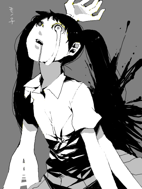 kashi-k, monoko, yume nikki, bad id, bad pixiv id, 1girl, blood, creepy, extra arms, female focus, grey background, greyscale, horror (theme), monochrome, multi limb, solo, tears