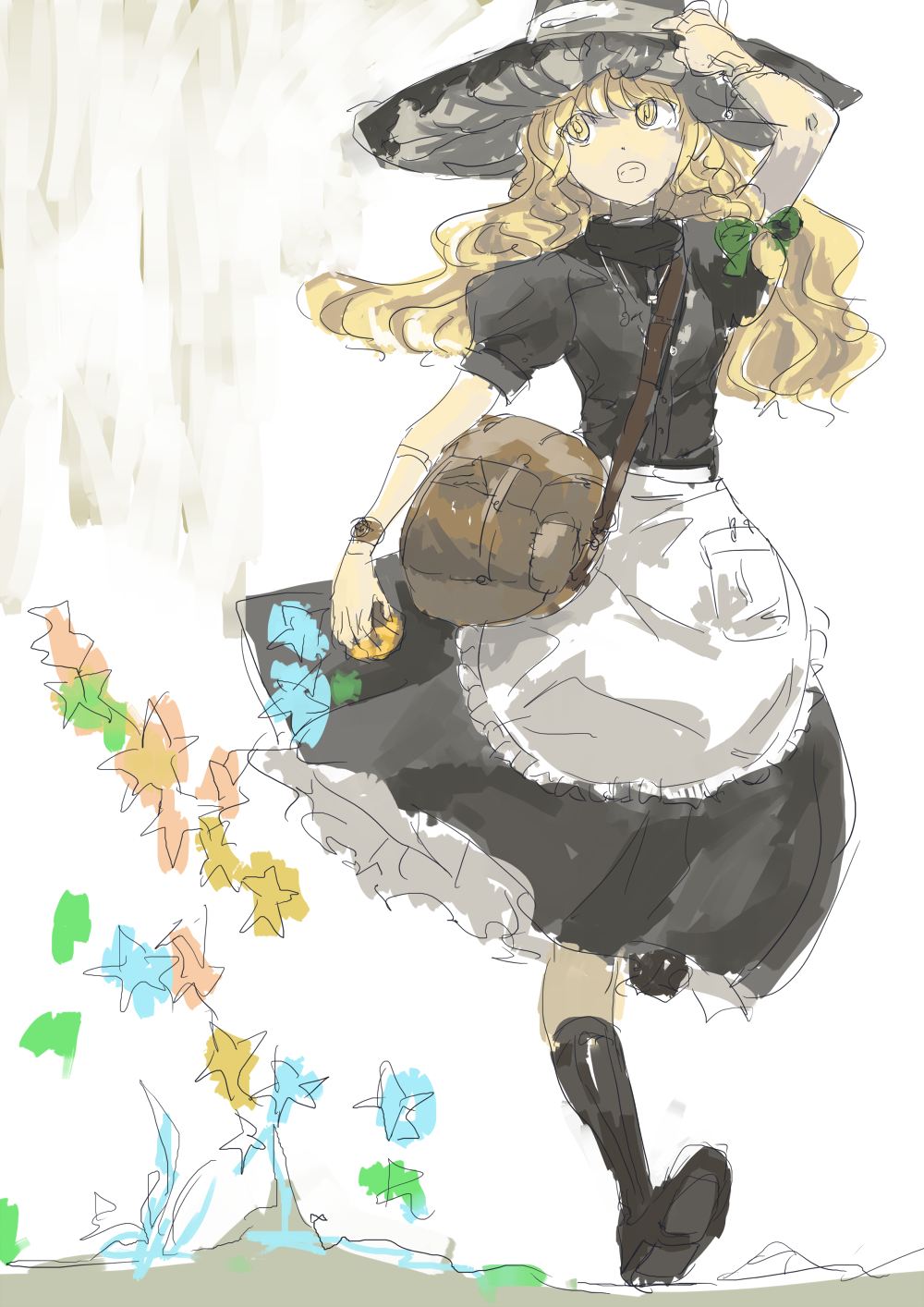 kirisame marisa, touhou, bad id, bad pixiv id, highres, 1girl, blonde hair, bow, braid, dress, female focus, full body, hat, long hair, sketch, solo, star (symbol), white background, witch, witch hat, yellow eyes