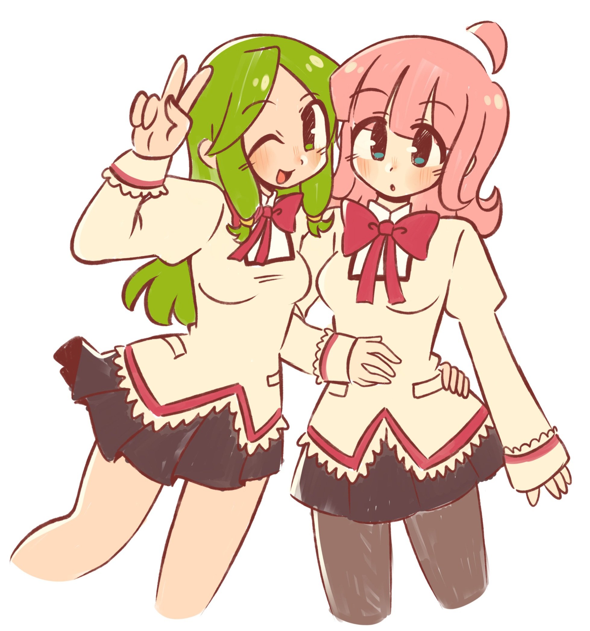 sofo soup, original, highres, 2girls, ahoge, arm up, black skirt, blue eyes, blush, bow, bowtie, breasts, brown pantyhose, green eyes, green hair, hand on another's hip, long hair, long sleeves, looking at viewer, mitakihara school uniform, multiple girls, one eye closed, open mouth, pantyhose, parted lips, pink hair, pleated skirt, red bow, red bowtie, school uniform, simple background, skirt, small breasts, smile, v, white background