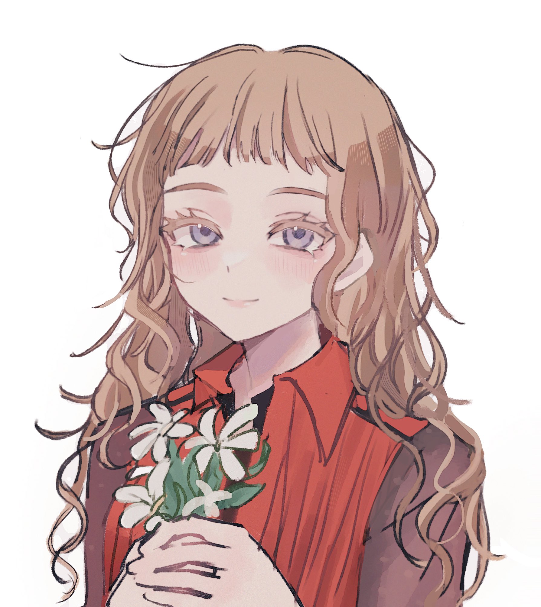 kukrushka (gnosia), gnosia, highres, 1girl, brown hair, closed mouth, dress, eyelashes, flower, grey eyes, hair between eyes, hair flower, hair ornament, hjm gn, long hair, long sleeves, looking at viewer, simple background, smile, solo, upper body, wavy hair