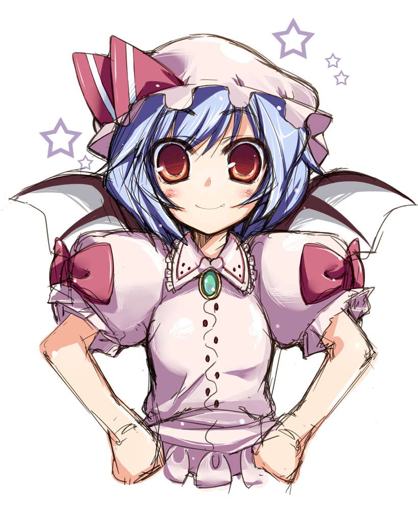 amanooni touri, remilia scarlet, touhou, bad id, bad pixiv id, 1girl, bat wings, blue hair, fang, female focus, hands on own hips, red eyes, ribbon, solo, upper body, white background, wings