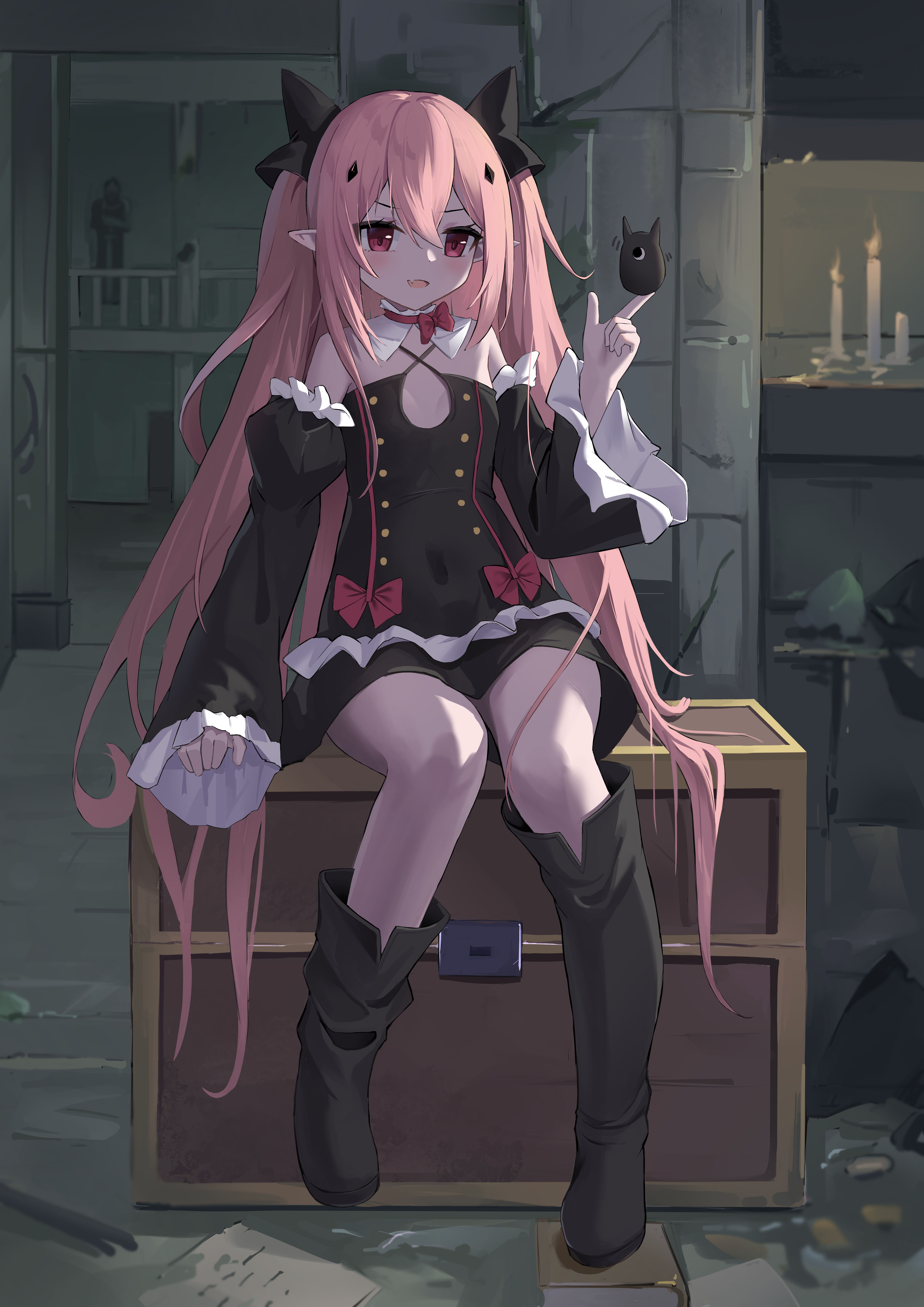 fengxue, arukanu, krul tepes, owari no seraph, absurdres, chinese commentary, commentary, highres, 1girl, :d, arm at side, bare shoulders, black boots, black bow, blush, boots, bow, bowtie, box, buttons, candle, candlelight, covered navel, criss-cross halter, dark, detached collar, detached sleeves, double-breasted, double-parted bangs, dress, dress bow, eyelashes, fang, flat chest, frilled sleeves, frills, full body, hair between eyes, hair bow, halterneck, hand up, index finger raised, indoors, juliet sleeves, long hair, long sleeves, looking at another, on box, open mouth, pink hair, pointy ears, puffy sleeves, red bow, red bowtie, red eyes, short dress, sidelighting, sidelocks, sitting, skin fang, sleeveless, sleeveless dress, smile, smug, solo, v-shaped eyebrows, very long hair, white dress, wide sleeves, wooden box