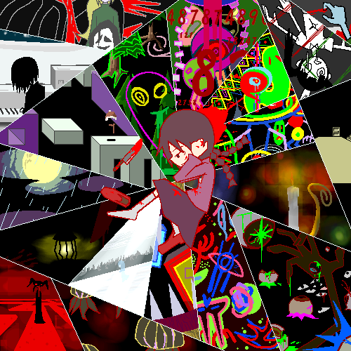 madotsuki, mafurako, monoko, poniko, sekomumasada sensei, toriningen, uboa, yume nikki, lowres, 1boy, 4girls, blood, bloody knife, blouse, braid, covering own ears, hand eye, knife, multiple girls, pink shirt, shirt, twin braids, yuki onna