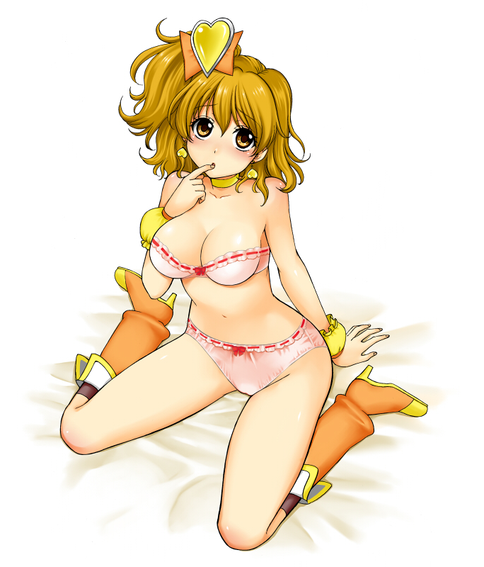 yamada ichizoku, cure pine, yamabuki inori, fresh precure!, precure, 00s, 1girl, arm support, bandeau, bikini, blonde hair, boots, bra, breasts, choker, cleavage, earrings, female focus, hair ornament, heart, heart hair ornament, high heels, jewelry, lingerie, looking at viewer, magical girl, navel, panties, pink bikini, pink bra, pink panties, short hair, sitting, solo, strapless, strapless bra, swimsuit, underwear, underwear only, wariza, yellow eyes