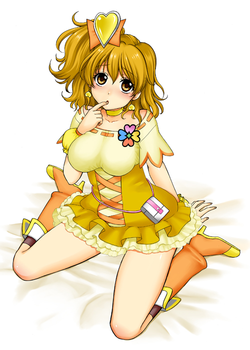 yamada ichizoku, cure pine, yamabuki inori, fresh precure!, precure, 00s, 1girl, blonde hair, boots, choker, earrings, female focus, hair ornament, heart, heart hair ornament, jewelry, magical girl, short hair, solo, yellow eyes