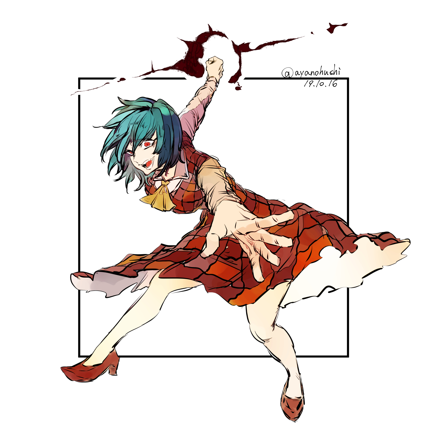 kyanduru, kazami yuuka, touhou, highres, 1girl, arm up, clenched hand, dated, dress, grey hair, grey shirt, high heels, open mouth, plaid clothes, plaid dress, red dress, red eyes, red shoes, sharp teeth, shirt, shoes, short hair, simple background, sleeveless, sleeveless dress, solo, teeth, twitter username, white background