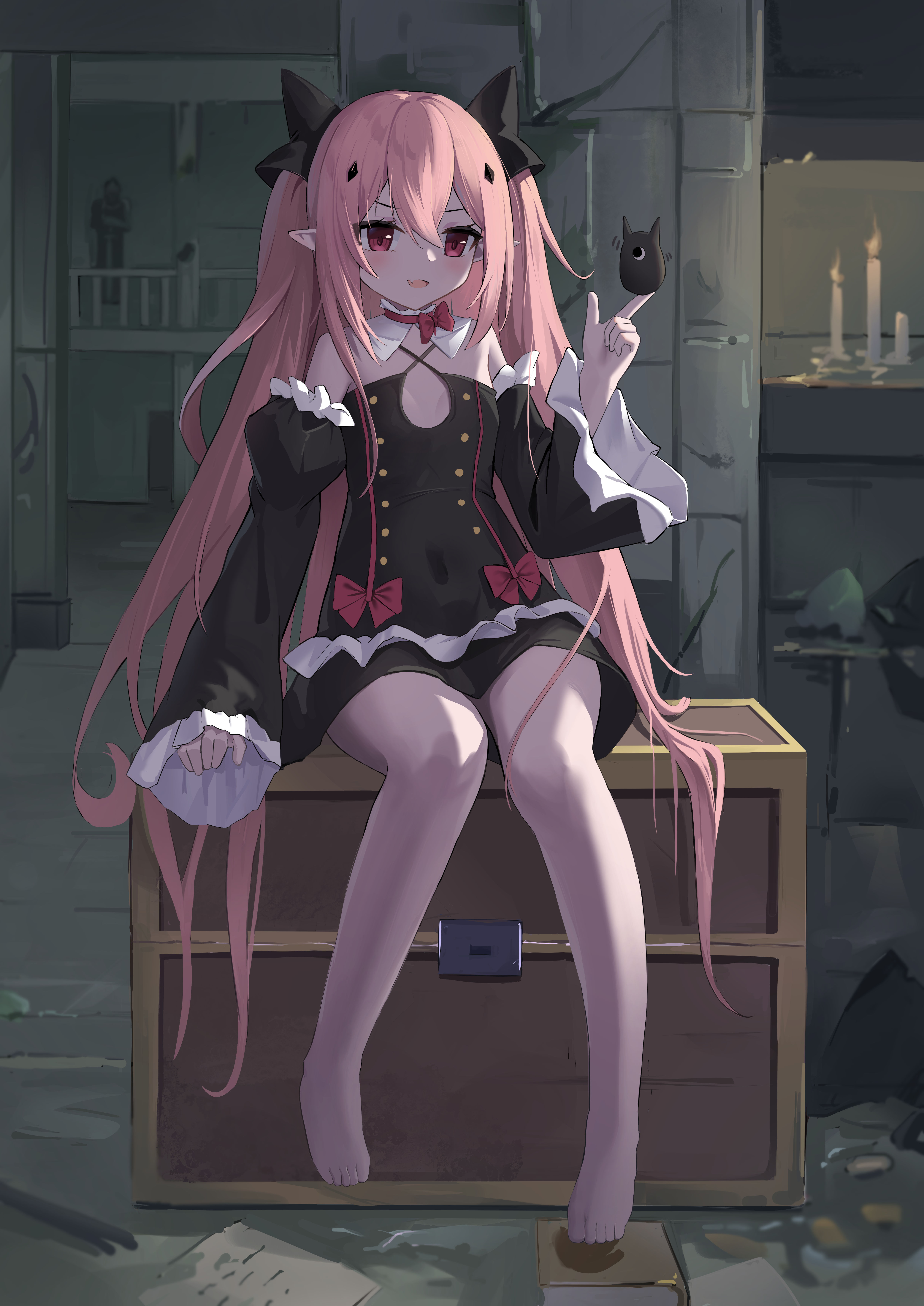 fengxue, arukanu, krul tepes, owari no seraph, absurdres, chinese commentary, commentary, highres, 1girl, :d, arm at side, bare shoulders, barefoot, black bow, blush, bow, bowtie, box, buttons, candle, candlelight, covered navel, criss-cross halter, dark, detached collar, detached sleeves, double-breasted, double-parted bangs, dress, dress bow, eyelashes, fang, flat chest, frilled sleeves, frills, full body, hair between eyes, hair bow, halterneck, hand up, index finger raised, indoors, juliet sleeves, long hair, long sleeves, looking at another, on box, open mouth, pink hair, pointy ears, puffy sleeves, red bow, red bowtie, red eyes, short dress, sidelighting, sidelocks, sitting, skin fang, sleeveless, sleeveless dress, smile, smug, solo, toes, v-shaped eyebrows, very long hair, white dress, wide sleeves, wooden box