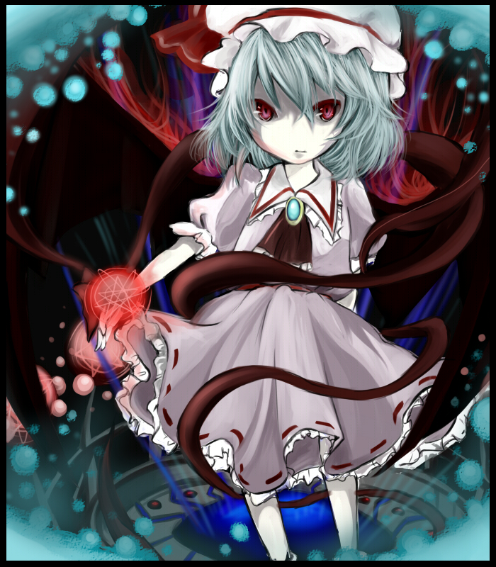 rahuka, remilia scarlet, touhou, bad id, bad pixiv id, 1girl, bat wings, female focus, hat, red eyes, ribbon, short hair, solo, standing, wings