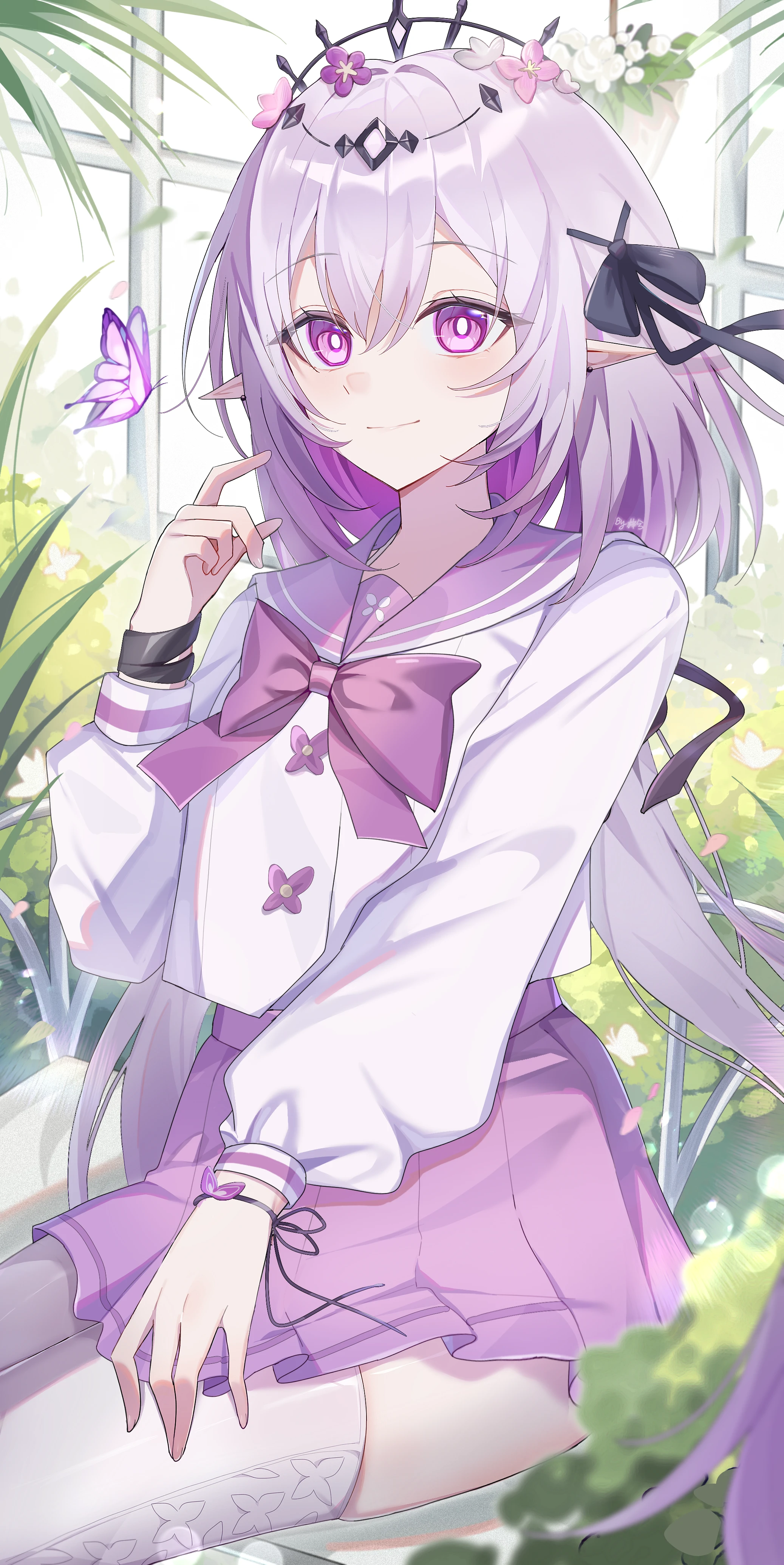zixi, castorice (honkai: star rail), honkai: star rail, honkai (series), absurdres, highres, 1girl, alternate costume, black tiara, bow, bowtie, breasts, bug, butterfly, buttons, double-breasted, flower, hair flower, hair ornament, insect, long hair, miniskirt, pointy ears, purple bow, purple bowtie, purple eyes, purple hair, purple sailor collar, purple skirt, sailor collar, school uniform, serafuku, sitting, skirt, smile, solo, thighhighs, thighs, tiara, very long hair, white serafuku, white thighhighs