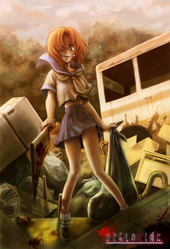 burunuu (bullnukko), domo, ryuuguu rena, higurashi no naku koro ni, bad id, bad pixiv id, 00s, 1girl, bag, billhook, blood, blue eyes, crazy eyes, female focus, from below, hair over one eye, hashitsuki nata, hatchet, junkyard, nata (tool), orange hair, school uniform, serafuku, short hair, skirt, solo, yandere