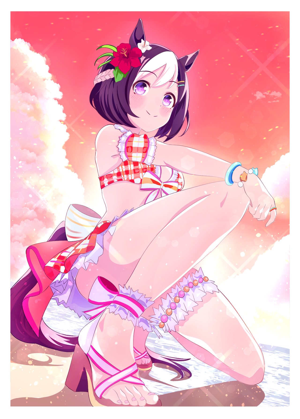 kanon (user rrhr4244), special week (hopp'n happy heart) (umamusume), special week (umamusume), umamusume, highres, 1girl, animal ears, beach, bikini, blush, bob cut, border, bracelet, breasts, closed mouth, feet, flower, frilled bikini, frills, full body, gradient sky, hair flower, hair ornament, hairclip, hand on own knee, high heel sandals, horse ears, horse girl, horse tail, jewelry, kneeling, legs, looking at viewer, medium hair, multicolored hair, nail polish, outdoors, pink nails, pink skirt, purple eyes, purple hair, red flower, sandals, shadow, skirt, sky, small breasts, smile, solo, streaked hair, swimsuit, tail, toenail polish, toenails, toes, white bikini, white border, white hair