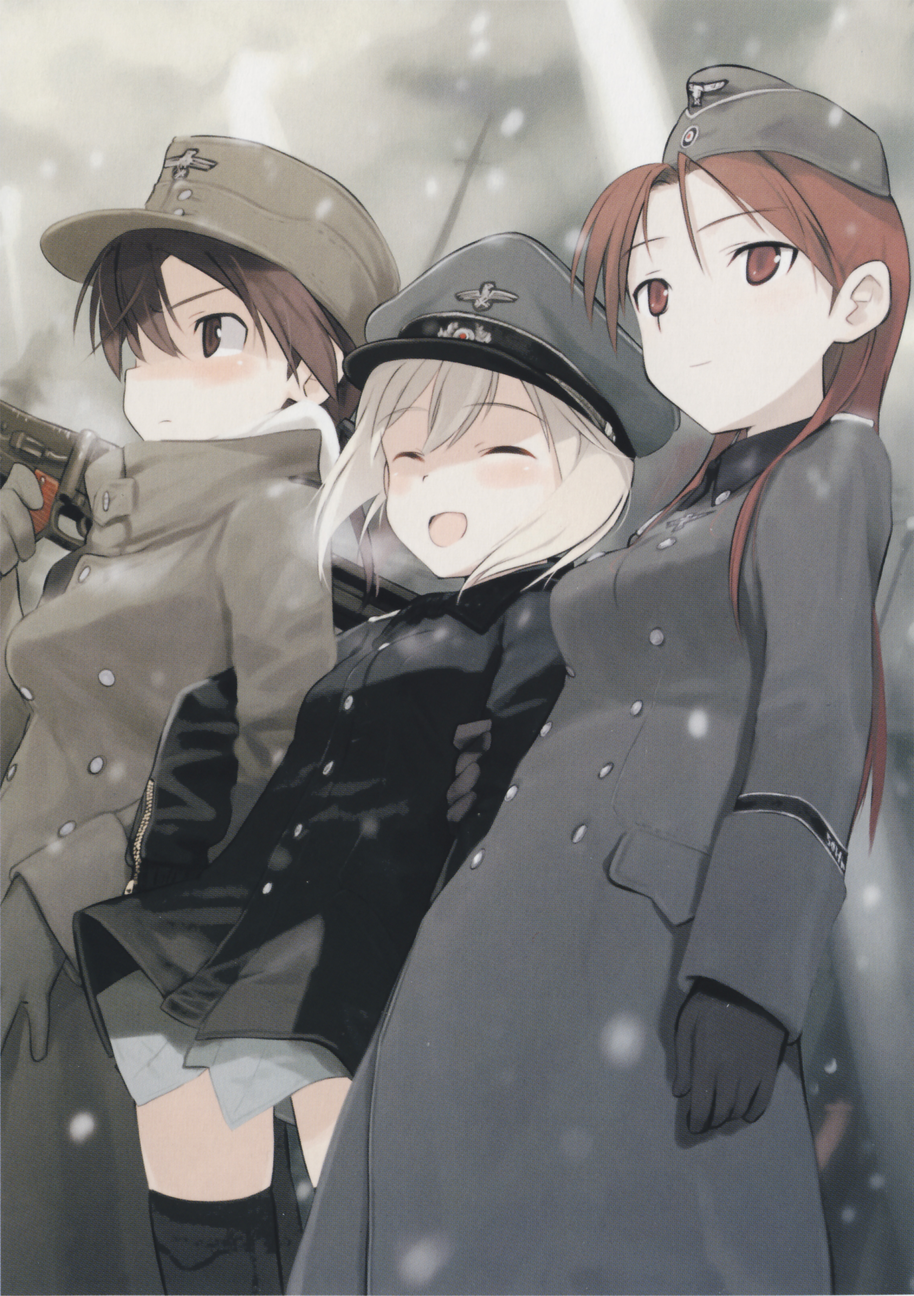 shimada fumikane, erica hartmann, gertrud barkhorn, minna-dietlinde wilcke, strike witches, world witches series, absurdres, highres, official art, 00s, 3girls, blonde hair, brown hair, garrison cap, gloves, gun, hat, jacket, long hair, machine gun, mg42, military, military uniform, multiple girls, peaked cap, snow, thighhighs, weapon