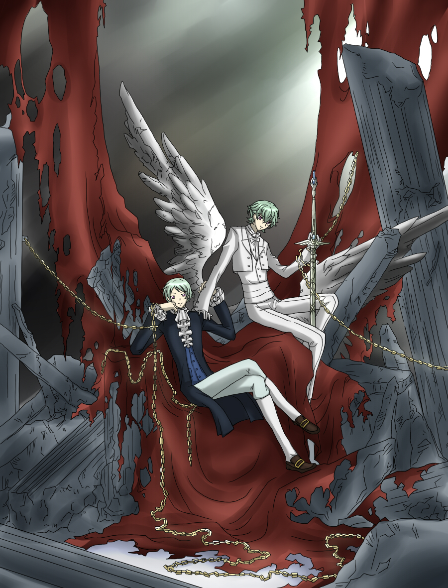 clamp, shiduru, hilling care, ribbons almark, code geass, gundam, gundam 00, bad id, bad pixiv id, derivative work, 1boy, 1girl, angel wings, chain, formal clothes, green hair, innovators (gundam 00), parody, purple eyes, reverse trap, sword, weapon, wings