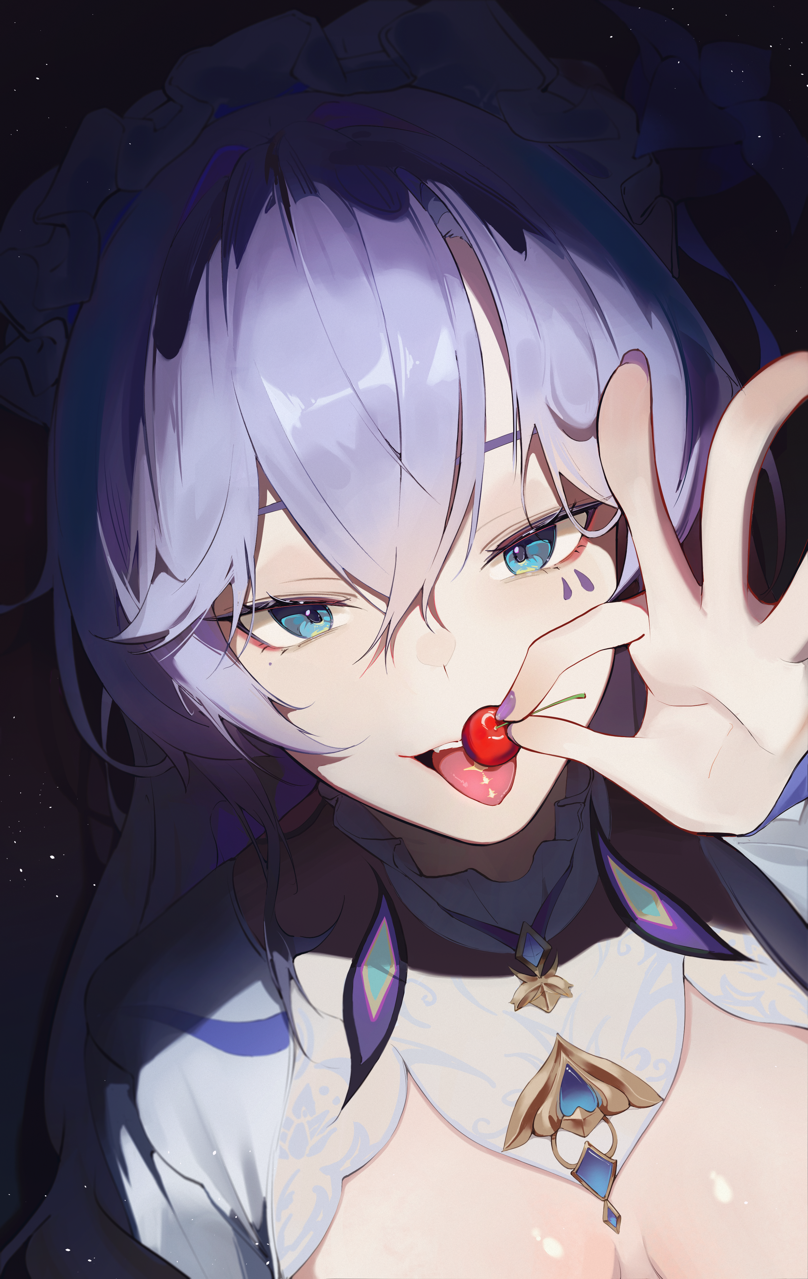 kuru9763, cantarella (wuthering waves), wuthering waves, absurdres, commentary, highres, 1girl, blue eyes, cherry, facial mark, fingernails, food, fruit, hair between eyes, holding, holding food, holding fruit, long hair, looking at viewer, mark under eye, nail polish, portrait, purple hair, purple nails, shrug (clothing), solo, tongue, tongue out, white shrug