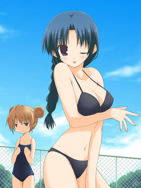 kohinata sora, aisaka taiga, kawashima ami, toradora!, bad id, bad pixiv id, 00s, 2girls, :p, bikini, blue hair, blush, braid, breast envy, breasts, brown eyes, brown hair, cleavage, competition school swimsuit, day, double bun, large breasts, long hair, multiple girls, one-piece swimsuit, one eye closed, purple eyes, school swimsuit, swimsuit, tongue, tongue out, wink