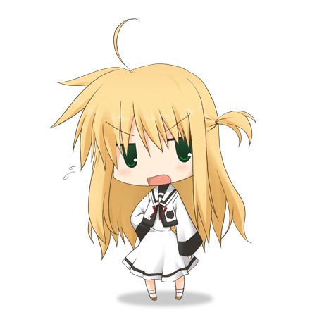 kohinata sora, arisa bunnings, lyrical nanoha, mahou shoujo lyrical nanoha, bad id, bad pixiv id, lowres, 00s, blonde hair, blush, chibi, green eyes, school uniform, side ponytail, solo
