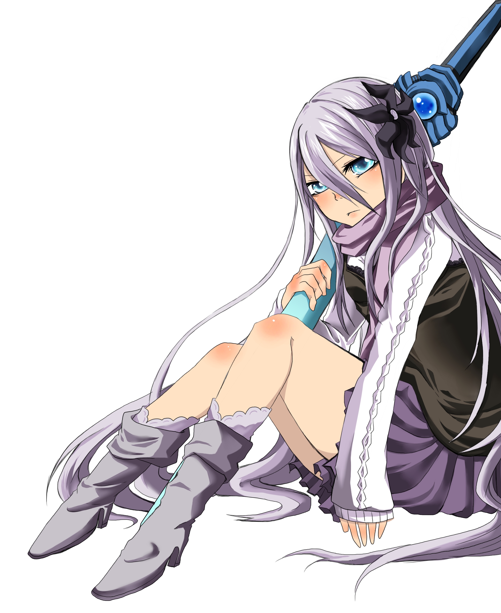 amatsuki colors, felli loss, koukaku no regios, absurdres, bad id, bad pixiv id, highres, 1girl, aqua eyes, boots, female focus, flower, hair flower, hair ornament, long hair, scarf, sitting, skirt, solo, white hair