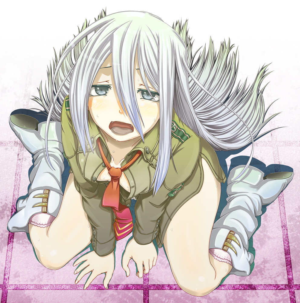 amane takashi, felli loss, koukaku no regios, uniform, bad id, bad pixiv id, 1girl, boots, female focus, grey eyes, kneeling, long hair, necktie, open clothes, open shirt, shirt, solo, white hair