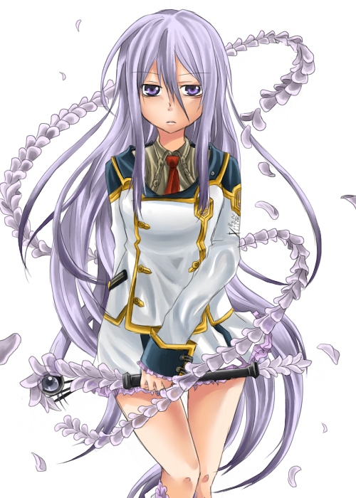 amatsuki colors, felli loss, koukaku no regios, light purple hair, uniform, 1girl, female focus, frilled skirt, frills, long hair, necktie, purple eyes, purple hair, skirt, solo, standing, very long hair, white hair