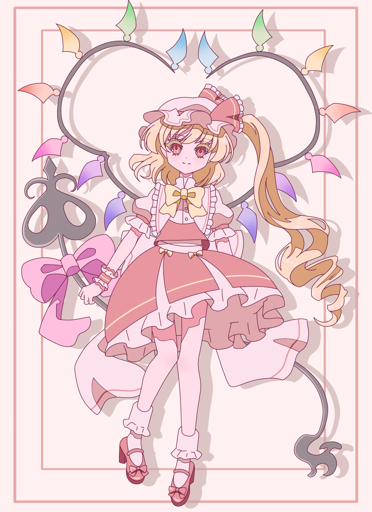 flandre scarlet, touhou, highres, 1girl, amami idora88, ascot, blonde hair, bobby socks, border, bow, crystal, crystal wings, drill hair, frills, full body, hat, hat ribbon, heart, laevatein (touhou), long hair, looking at viewer, mary janes, mob cap, puffy short sleeves, puffy sleeves, red bow, red eyes, red skirt, ribbon, shirt, shoes, short sleeves, side ponytail, skirt, smile, socks, solo, wings, wrist cuffs