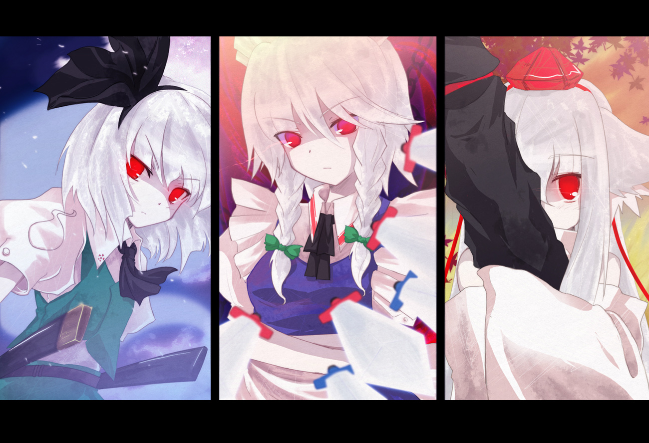 auer, inubashiri momiji, izayoi sakuya, konpaku youmu, touhou, bad id, bad pixiv id, 3girls, animal ears, braid, female focus, glowing, glowing eyes, hairband, hat, katana, knife, maid, multiple girls, nature, outdoors, plant, red eyes, ribbon, sky, sword, throwing knife, twin braids, upper body, weapon, white hair