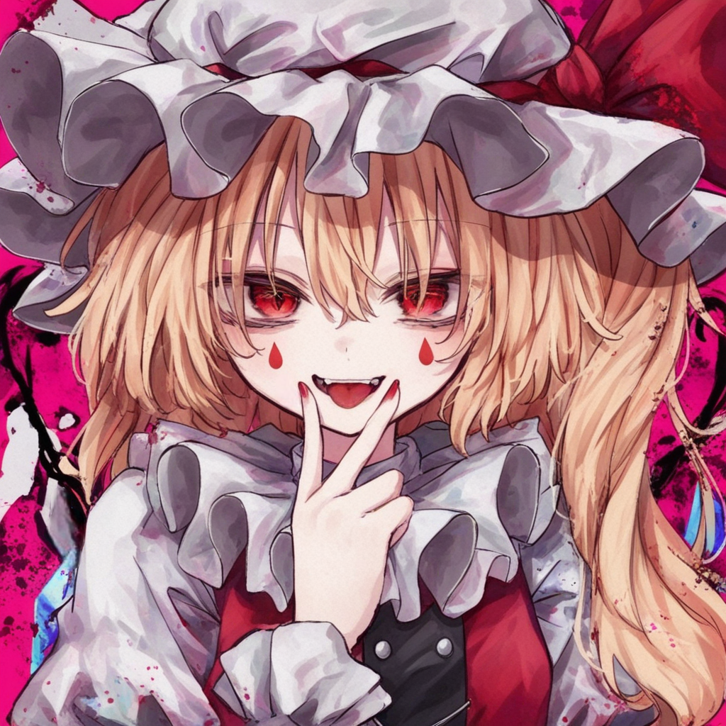 flandre scarlet, touhou, 1girl, ascot, blonde hair, collar, crystal, crystal wings, fang, fangs, frilled collar, frilled shirt collar, frills, hair between eyes, hat, hat ribbon, long hair, looking at viewer, mob cap, open mouth, puffy sleeves, red eyes, red ribbon, ribbon, shirt, side ponytail, simple background, smile, solo, tattoo, teardrop facial mark, teardrop tattoo, tongue, tongue out, upper body, v, wgremory, white hat, wings