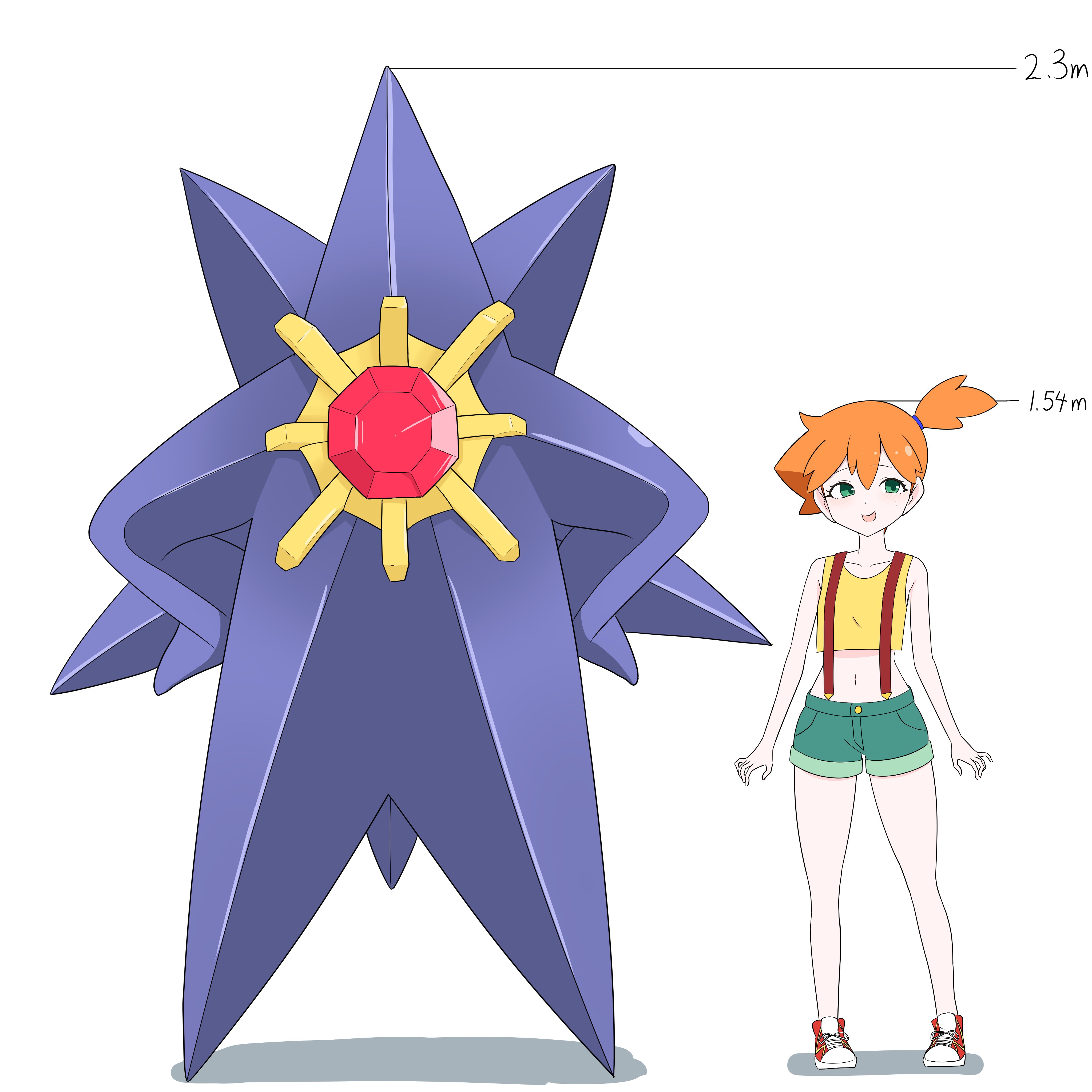 mega starmie, misty (pokemon), starmie, nintendo, pokemon, pokemon (anime), pokemon (classic anime), pokemon rgby, highres, 1girl, :d, arms at sides, asymmetrical hair, bare arms, bare shoulders, blush, breasts, collarbone, crop top, eyelashes, full body, gem, gen 1 pokemon, green eyes, green shorts, hair tie, hands on own hips, height, height chart, height difference, knees, light blush, looking at viewer, midriff, navel, open mouth, orange hair, ponytail, shirt, shoes, short hair, short shorts, shorts, side ponytail, simple background, sleeveless, sleeveless shirt, small breasts, smile, sneakers, spread legs, standing, stomach, suspender shorts, suspenders, tank top, white background, yellow shirt