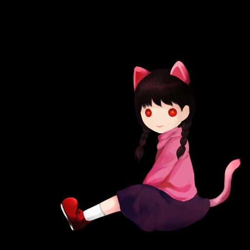 re k (erakunai.jp), madotsuki, yume nikki, bad id, bad pixiv id, 1girl, animal ears, braid, dark, female focus, kemonomimi mode, pink shirt, purple skirt, red eyes, shirt, skirt, solo, tail, twin braids