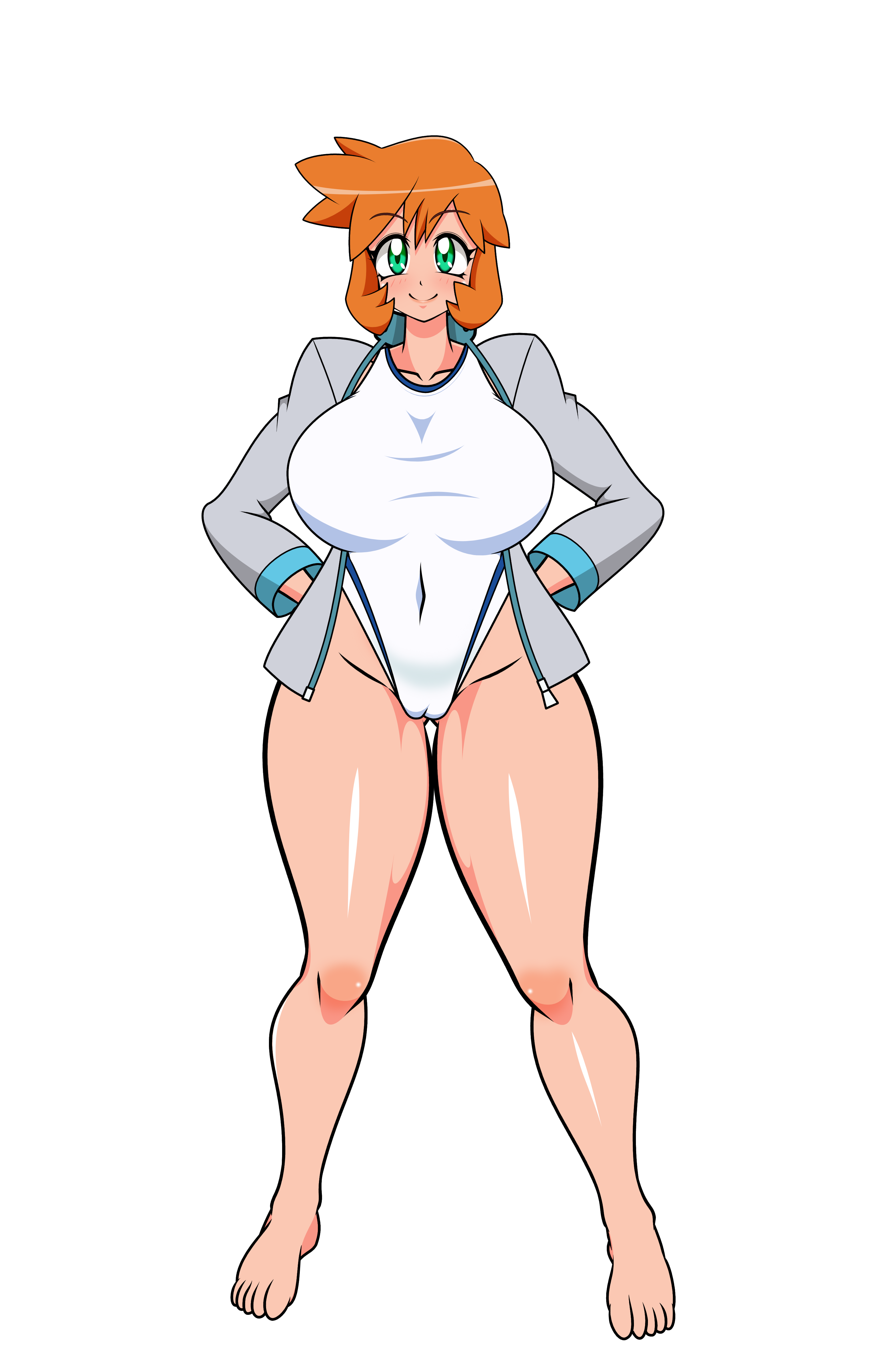 hayakawakenn, misty (pokemon), nintendo, pokemon, pokemon gsc, pokemon hgss, highres, 1girl, ;d, bare legs, barefoot, breasts, cameltoe, competition swimsuit, covered navel, curvy, feet, full body, gluteal fold, green eyes, groin, hands on own hips, highleg, huge breasts, jacket, large breasts, legs, looking at viewer, navel, one-piece swimsuit, one eye closed, open clothes, open jacket, open mouth, orange hair, shiny skin, short hair, simple background, smile, solo, standing, swimsuit, thick thighs, thighs, white one-piece swimsuit, wide hips