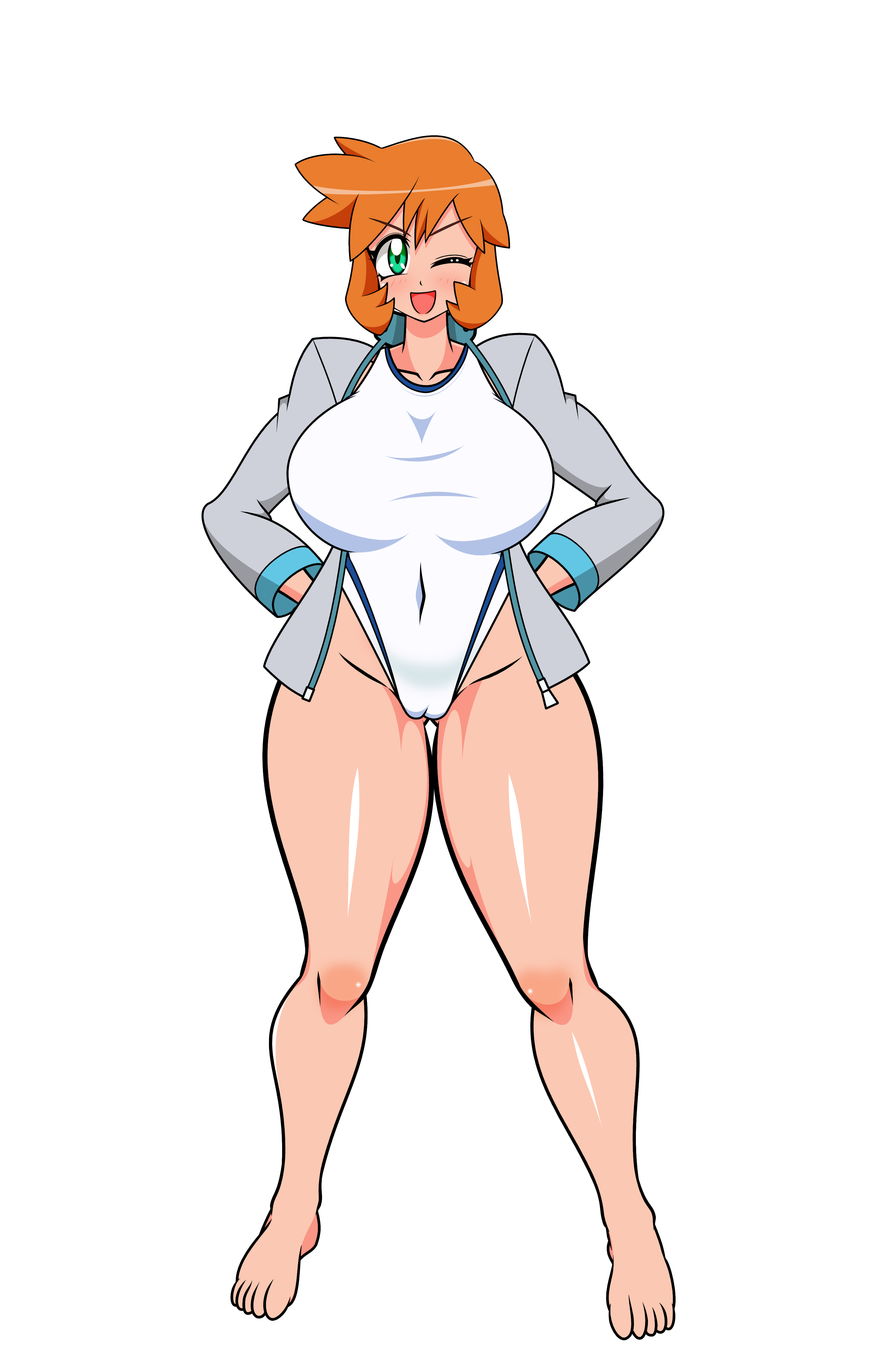 hayakawakenn, misty (pokemon), nintendo, pokemon, pokemon gsc, pokemon hgss, highres, 1girl, ;d, bare legs, barefoot, breasts, cameltoe, competition swimsuit, covered navel, curvy, feet, full body, gluteal fold, green eyes, groin, hands on own hips, highleg, huge breasts, jacket, large breasts, legs, looking at viewer, navel, one-piece swimsuit, one eye closed, open clothes, open jacket, open mouth, orange hair, shiny skin, short hair, simple background, smile, solo, standing, swimsuit, thick thighs, thighs, white one-piece swimsuit, wide hips, wink