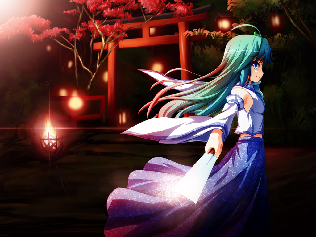 akashio (loli ace), kochiya sanae, touhou, bad id, bad pixiv id, 1girl, blue eyes, breasts, detached sleeves, female focus, green hair, japanese clothes, miko, night, sideboob, small breasts, solo, torii
