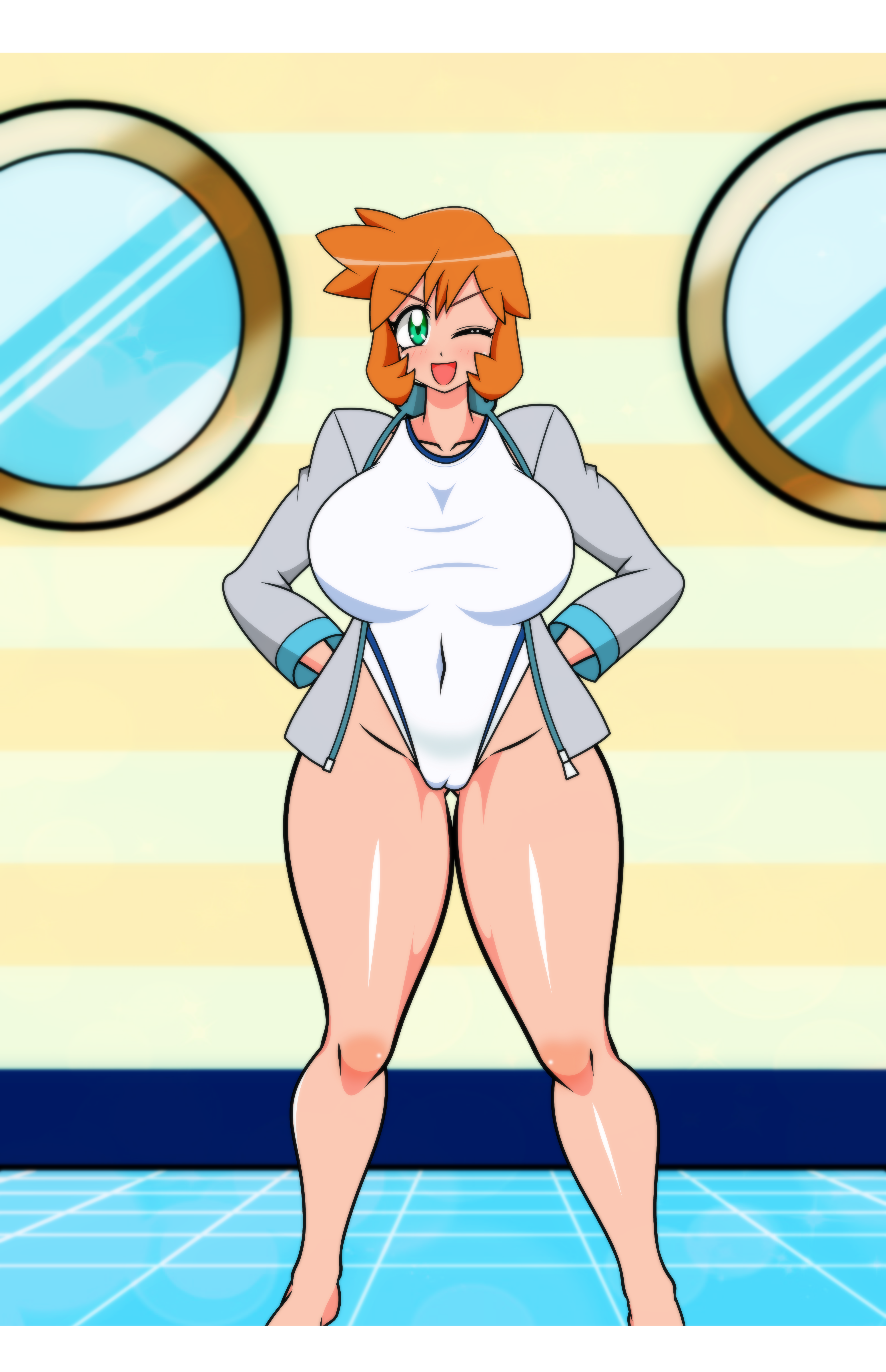 hayakawakenn, misty (pokemon), nintendo, pokemon, pokemon gsc, pokemon hgss, absurdres, highres, 1girl, ;d, bare legs, barefoot, breasts, cameltoe, competition swimsuit, covered navel, curvy, feet, full body, gluteal fold, green eyes, groin, hands on own hips, highleg, huge breasts, jacket, large breasts, legs, looking at viewer, mirror, navel, one-piece swimsuit, one eye closed, open clothes, open jacket, open mouth, orange hair, shiny skin, short hair, smile, solo, standing, swimsuit, thick thighs, thighs, white one-piece swimsuit, wide hips, wink