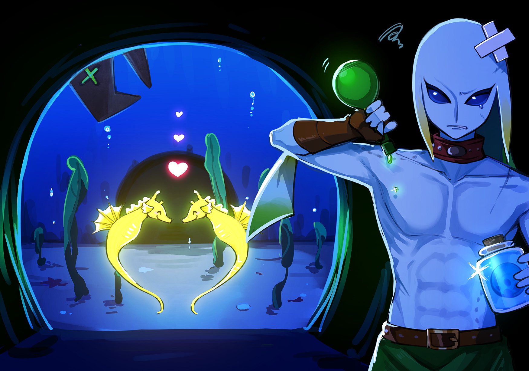 tsumikitsuki (katsuobushi), link, zora link, nintendo, the legend of zelda, the legend of zelda: majora's mask, highres, 1boy, bandaid, belt, belt buckle, bottle, bubble, buckle, cave interior, collar, eel, fish, gauntlets, heart, muscular, muscular male, potion, seahorse, seaweed, solo, teardrop, underwater, upper body, zora