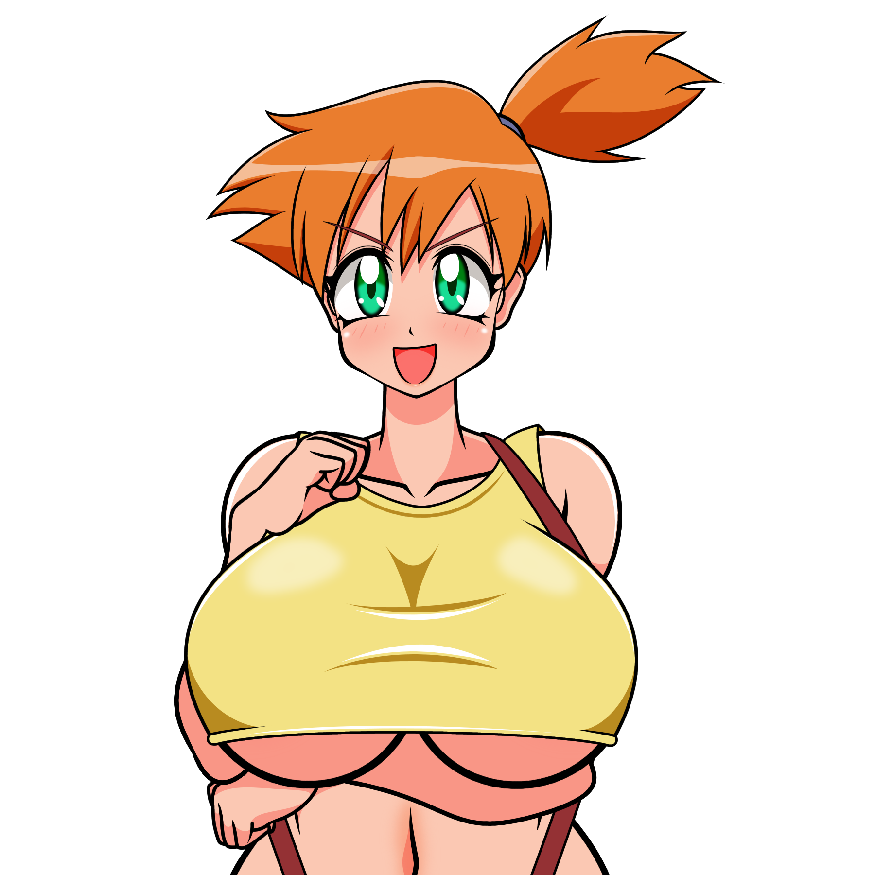 hayakawakenn, misty (pokemon), nintendo, pokemon, pokemon (anime), pokemon (classic anime), pokemon rgby, highres, 1girl, :d, arm under breasts, asymmetrical hair, bare shoulders, blush, breasts, collarbone, crop top, green eyes, hair tie, huge breasts, large breasts, looking at viewer, navel, open mouth, orange hair, ponytail, retro artstyle, shirt, short hair, side ponytail, simple background, smile, solo, sparkle, suspenders, tank top, thighs, underboob, upper body, v-shaped eyebrows, yellow shirt, yellow tank top