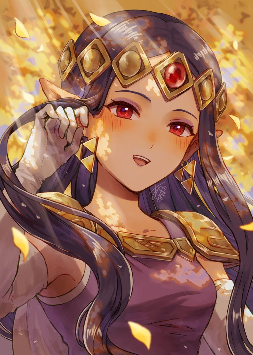agisato, princess hilda, nintendo, the legend of zelda, the legend of zelda: a link between worlds, 1girl, adjusting hair, armor, autumn leaves, blush, circlet, dress, earrings, elbow gloves, eyeshadow, gloves, hand up, jewelry, leaf, light rays, long hair, looking at viewer, makeup, open mouth, pauldrons, pointy ears, purple eyes, red eyes, shoulder armor, smile, solo, upper body