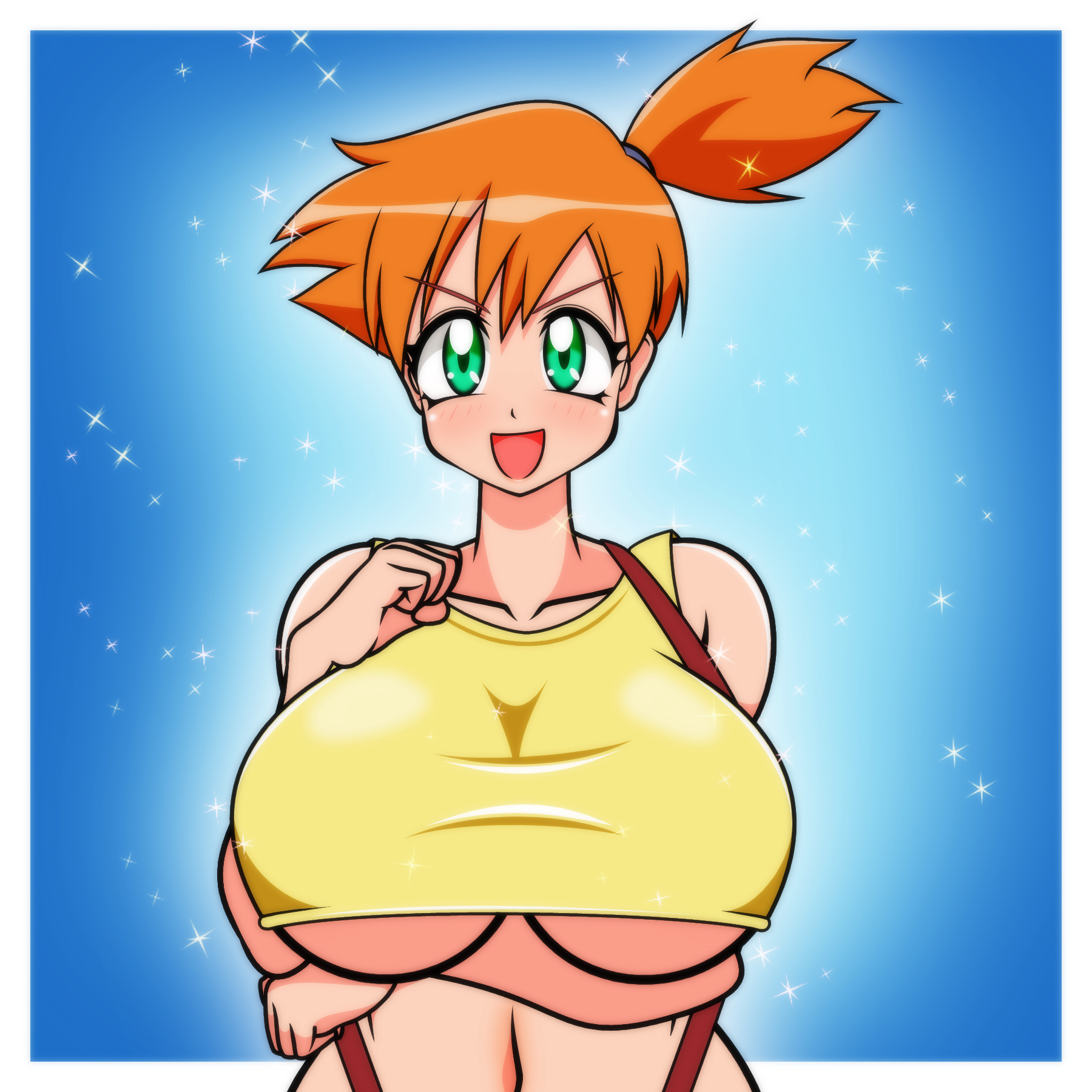 hayakawakenn, misty (pokemon), nintendo, pokemon, pokemon (anime), pokemon (classic anime), pokemon rgby, highres, 1girl, :d, arm under breasts, asymmetrical hair, bare shoulders, blue background, blush, border, breasts, collarbone, crop top, green eyes, hair tie, huge breasts, large breasts, looking at viewer, navel, open mouth, orange hair, ponytail, shirt, short hair, side ponytail, smile, solo, sparkle, suspenders, tank top, thighs, underboob, upper body, v-shaped eyebrows, white border, yellow shirt, yellow tank top