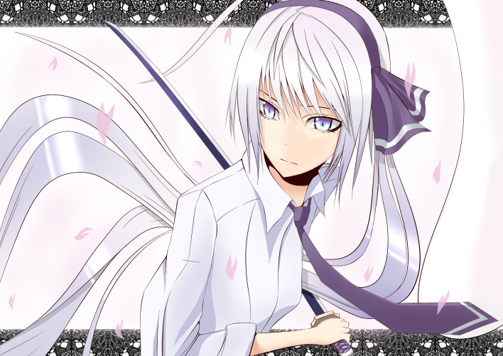 kagami-c, ume itoguchi retto, umeo retto, konpaku youmu, konpaku youmu (ghost), touhou, bad id, bad pixiv id, 1girl, alternate hair length, alternate hairstyle, black necktie, blouse, blue eyes, collared shirt, female focus, hitodama, katana, long hair, necktie, petals, ribbon, shirt, solo, sword, tsurime, weapon, white hair, white shirt
