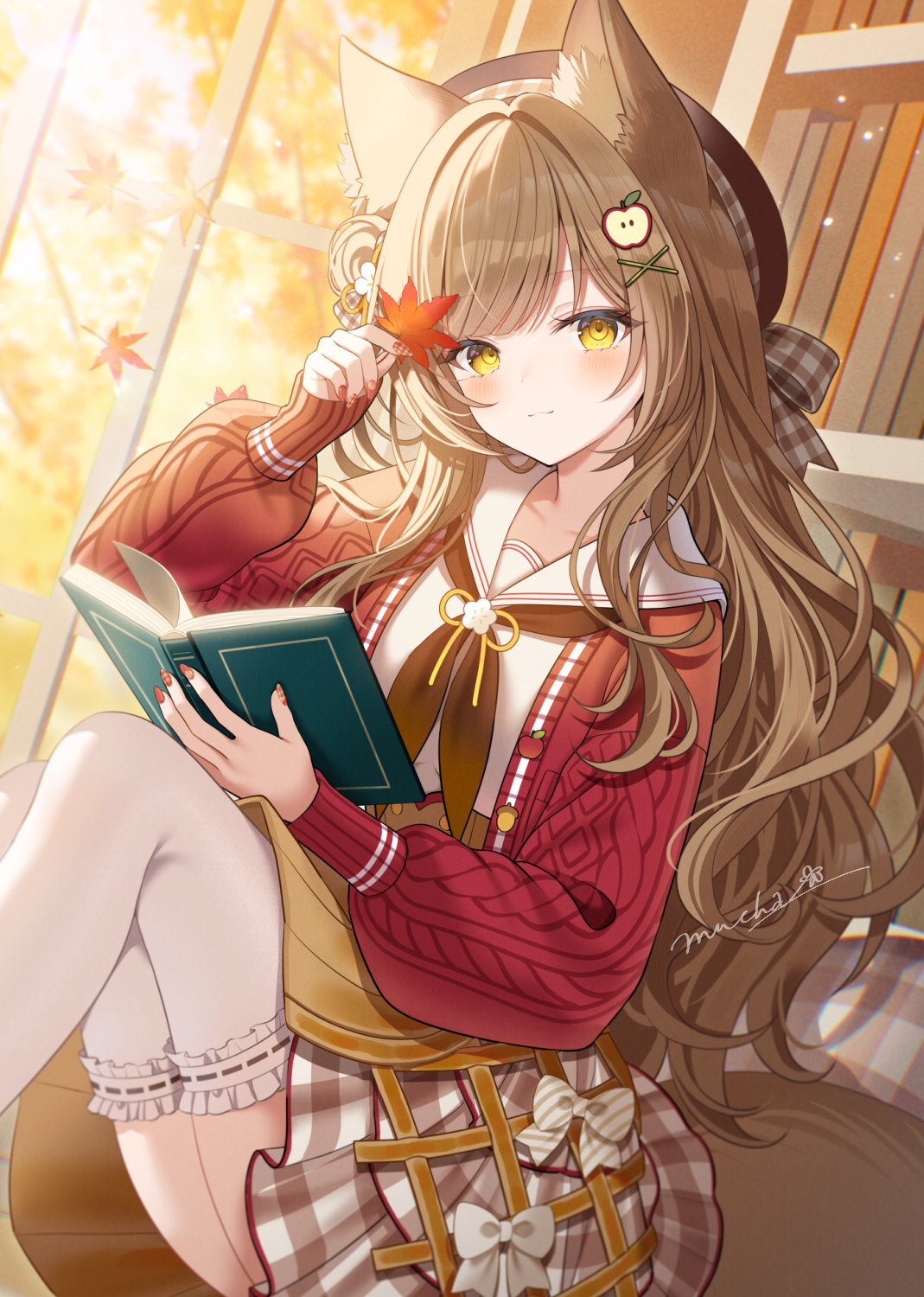 myusha, indie virtual youtuber, commentary request, highres, 1girl, animal ear fluff, animal ears, autumn leaves, beret, blush, book, bookshelf, bow, brown eyes, brown hair, brown hat, brown neckerchief, cardigan, closed mouth, day, feet out of frame, fox girl, frilled thighhighs, frills, hair bun, hand up, hat, hazakura konoha, holding, holding book, holding leaf, indoors, knees up, layered skirt, leaf, long hair, long sleeves, looking at viewer, maple leaf, nail polish, neckerchief, open book, open cardigan, open clothes, plaid bow, plaid clothes, plaid skirt, pleated skirt, puffy long sleeves, puffy sleeves, red cardigan, red nails, ribbon-trimmed thighhighs, ribbon trim, sailor collar, school uniform, serafuku, shirt, single side bun, skirt, sleeves past wrists, smile, solo, sunlight, tail, thighhighs, very long hair, white sailor collar, white shirt, white thighhighs, wings